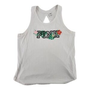 Victorias Secret PINK Tropical Logo Racerback Tank Top White Open Back Size L